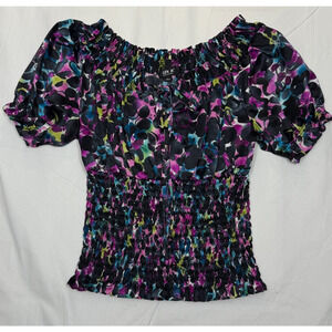 Allen B‎ By Allen Schwartz Med Short Sleeve Ruffle Button Casual Blouse Colorful